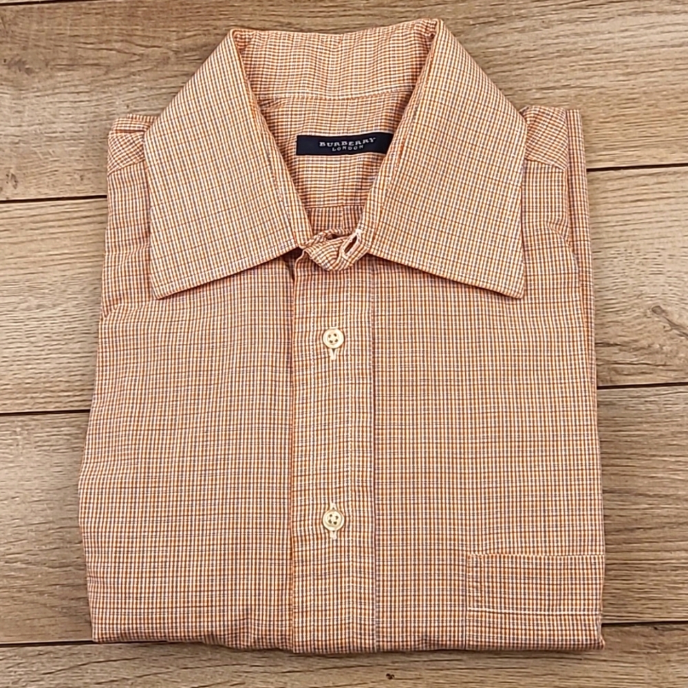 BURBERRY LONDON Orange Plaid Imported Cotton 15.5 R Mens Long Sleeve Dress Shirt